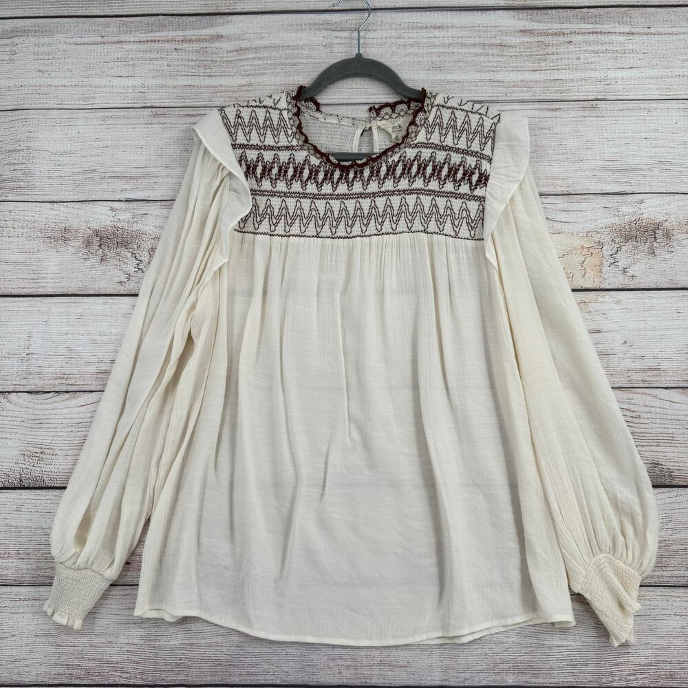 Perch by Blu Pepper Embroidered Blouse Womens 2XL Cream Brown Ruffles‎